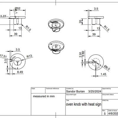 Nút vặn lò nướng 6.5mm có ký hiệu nhiệt độ - File in 3D STL
