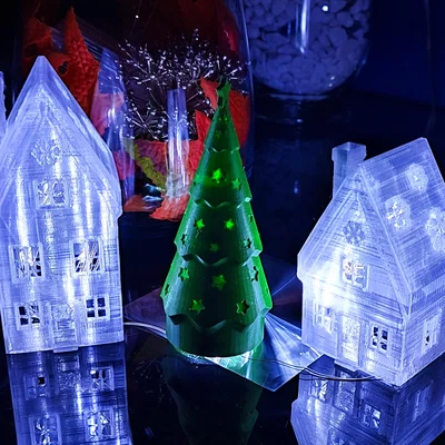 Nhà Noel lớn & nhỏ đặt tea light, kèm cây thông Noel