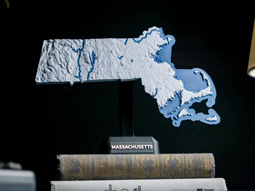 Bản đồ địa hình nổi Massachusetts, USA (MA) kèm thủy hệ (sông, hồ, ven biển) - Image 1
