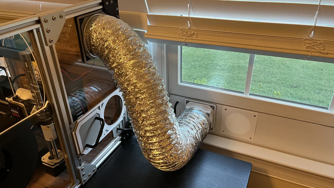 Hệ thống vent enclosure máy in nam châm, hút âm xả qua cửa sổ bằng ống dryer hose - Image 2