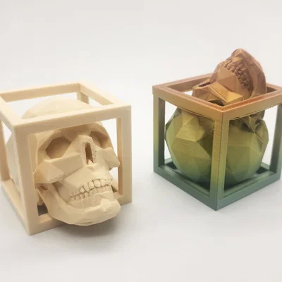 Mô hình đầu lâu Low Poly bị giam trong khung hộp - In không cần support