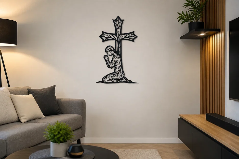 Tranh treo tường 2D hình Người phụ nữ cầu nguyện bên Thánh giá - Image 1