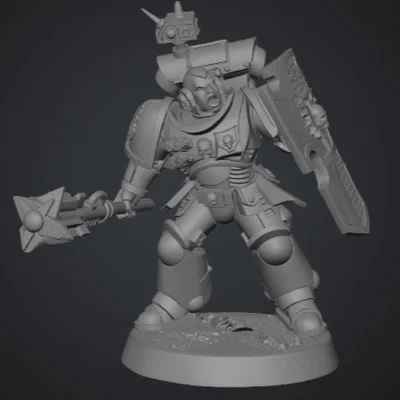 Mô hình 3D Primaris Space Marine cầm khiên và chùy phong cách Warhammer 40k