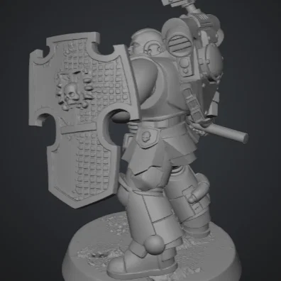 Mô hình 3D Primaris Space Marine cầm khiên và chùy phong cách Warhammer 40k