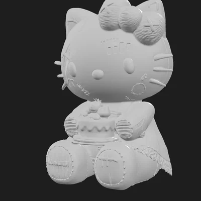 Mô hình 3D mèo Hello Kitty phong cách ma quái cầm bánh kem độc đáo