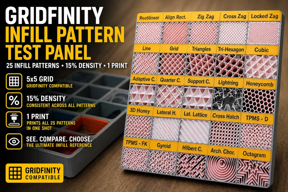 Bảng tham chiếu mẫu Infill 5x5 - Hệ Gridfinity (In đơn hoặc tách đối tượng tùy ý) - Image 1