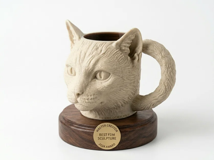 Ly/Mug Đầu Mèo Tay Cầm Đuôi Cuộn – 3D Printable Realistic - Image 1