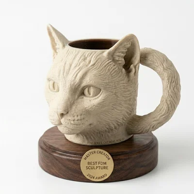 Ly/Mug Đầu Mèo Tay Cầm Đuôi Cuộn – 3D Printable Realistic