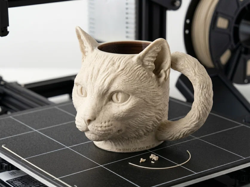 Ly/Mug Đầu Mèo Tay Cầm Đuôi Cuộn – 3D Printable Realistic - Image 2