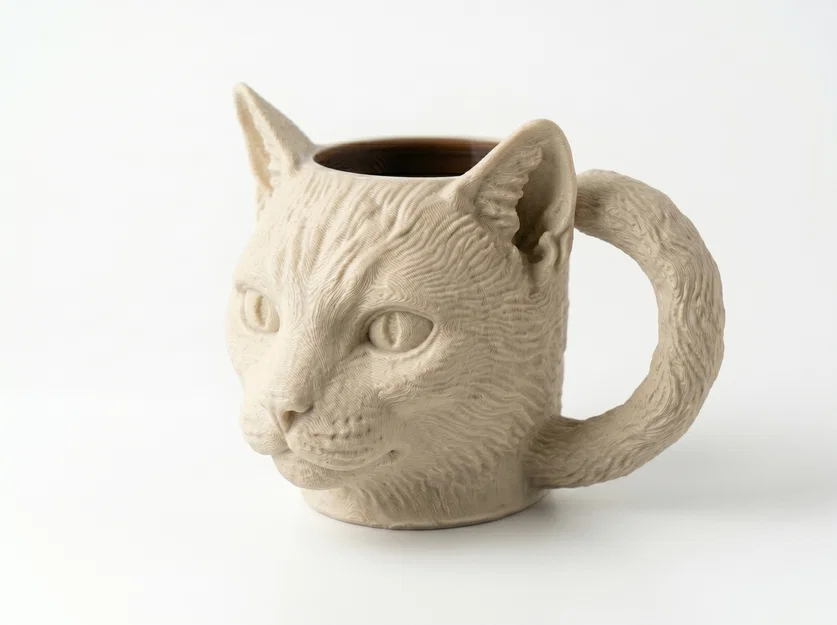 Ly/Mug Đầu Mèo Tay Cầm Đuôi Cuộn – 3D Printable Realistic - Image 3