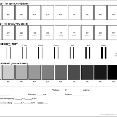 Lưới calibration laser — test Power, Speed, Focus & Greyscale (SVG)