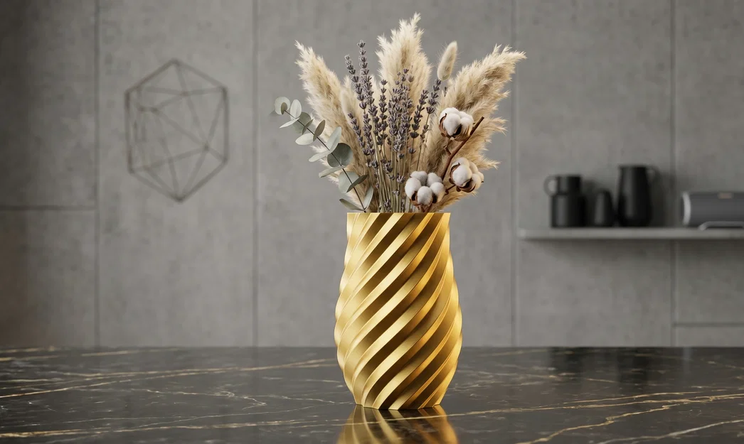Bình hoa Geometric Gold Barrel Vase – Dáng barrel ánh vàng, vân xoắn nổi - Image 1