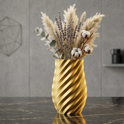 Bình hoa Geometric Gold Barrel Vase – Dáng barrel ánh vàng, vân xoắn nổi