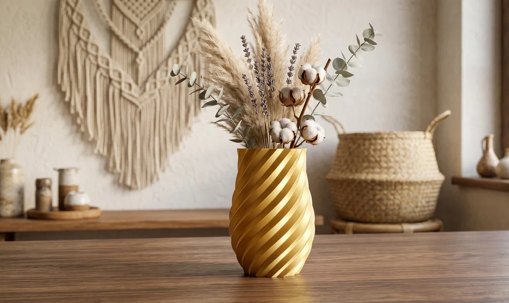 Bình hoa Geometric Gold Barrel Vase – Dáng barrel ánh vàng, vân xoắn nổi - Image 2