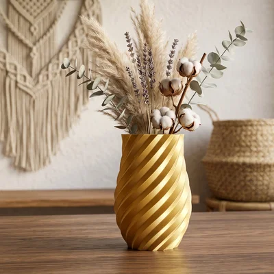 Bình hoa Geometric Gold Barrel Vase – Dáng barrel ánh vàng, vân xoắn nổi