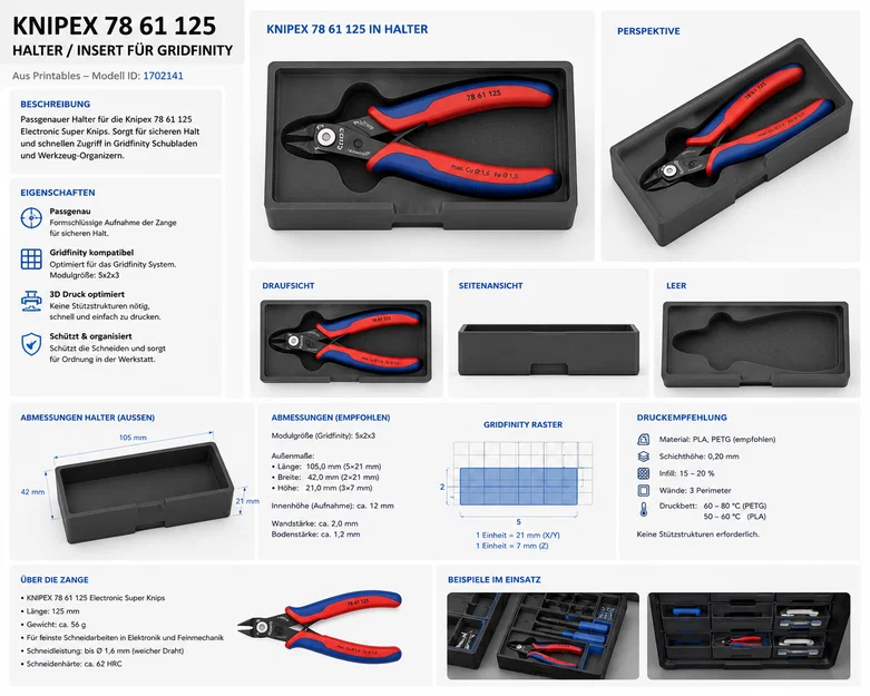 Khay đựng kìm Knipex 78 61 125 chuẩn Gridfinity - In 3D dễ dàng - Image 1