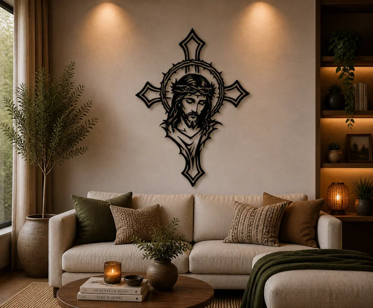 Chúa Giêsu Trong Thập Giá – Jesus Face Cross 2D Wall Art (STL) - Image 1