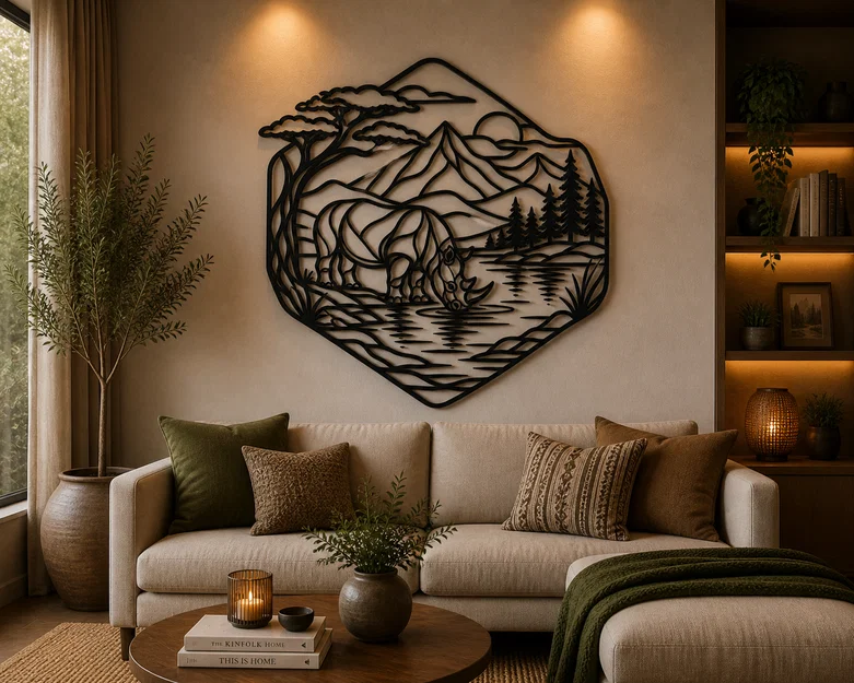 Rhino Nature Landscape 2D Wall Art - Tranh Treo Tường 2D STL Tê Giác - Image 1