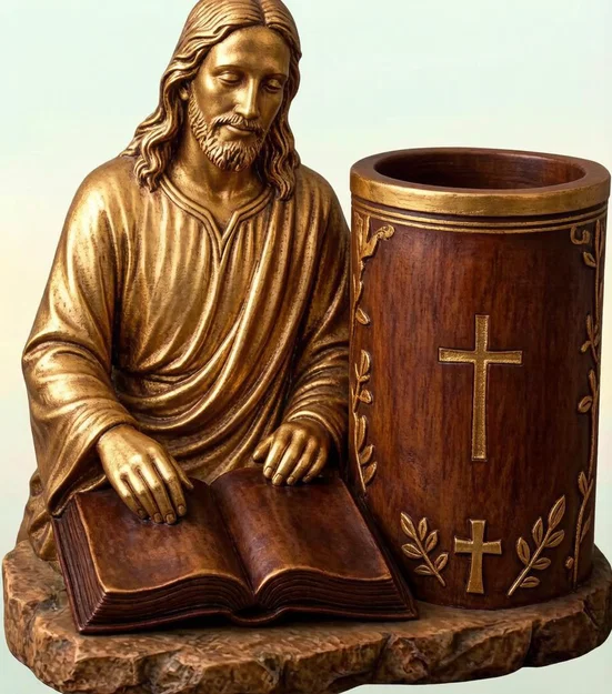 Mô hình 3D ống cắm bút Chúa Jesus đọc sách trang trí bàn làm việc - Image 1