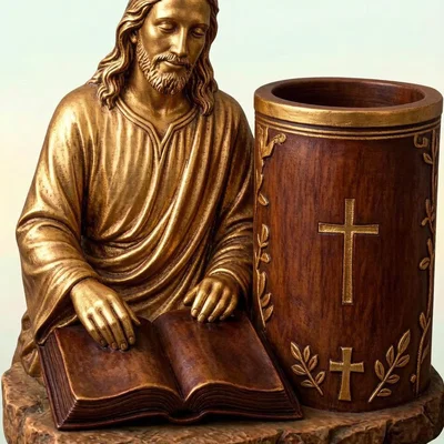 Mô hình 3D ống cắm bút Chúa Jesus đọc sách trang trí bàn làm việc