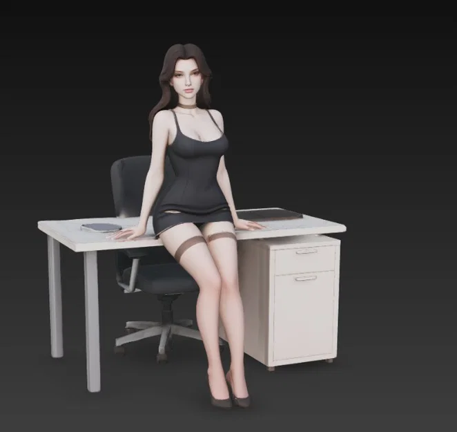 Mô hình nhân vật nữ quyến rũ ngồi trên bàn làm việc để bàn 3D - Image 2