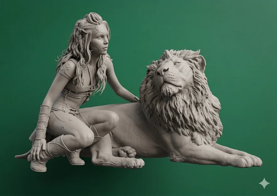 Mô hình 3D Girl and Lion: Tượng nghệ thuật cô gái và sư tử độc đáo - Image 3