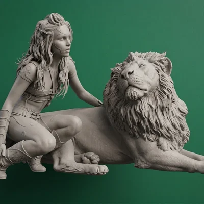Mô hình 3D Girl and Lion: Tượng nghệ thuật cô gái và sư tử độc đáo