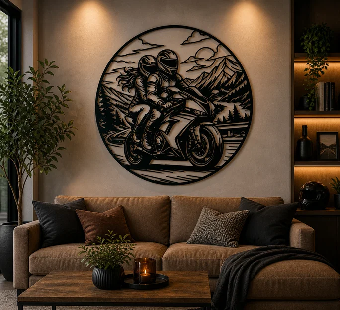 Tranh Treo Tường 2D Cặp Đôi Chạy Mô Tô – Couple Motorcycle Ride 2D Wall Art - Image 1