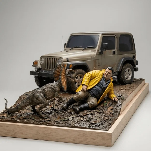 Mô hình 3D Jurassic Park: Cảnh phim Dennis và Dilophosaurus kinh điển - Image 1