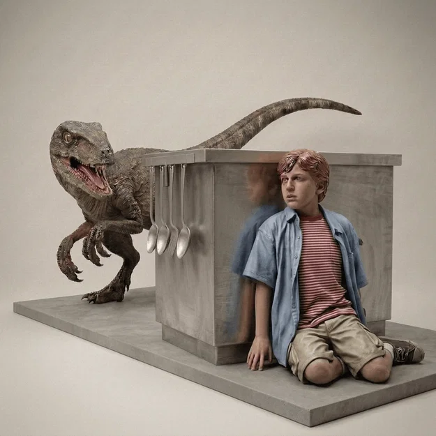 Mô hình 3D cảnh Timmy trốn Raptor trong Jurassic Park 1990 - Image 1