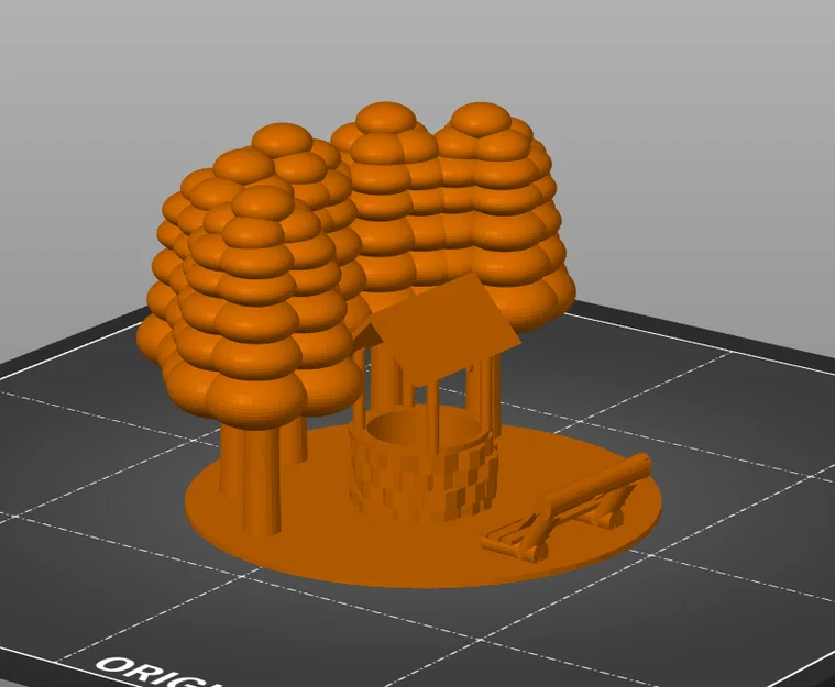 Mô hình giếng nước cổ điển kèm ghế và cây xanh cho in 3D - Image 1