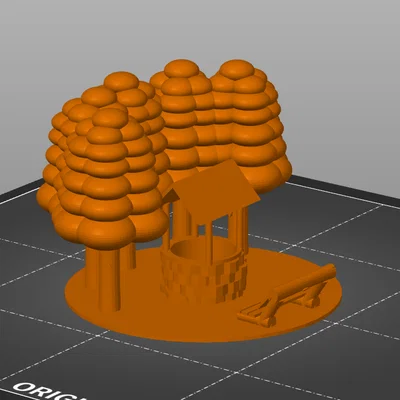 Mô hình giếng nước cổ điển kèm ghế và cây xanh cho in 3D