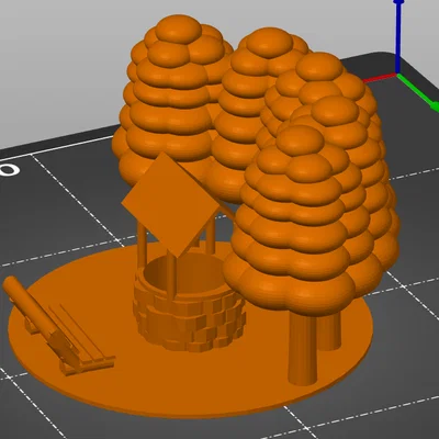 Mô hình giếng nước cổ điển kèm ghế và cây xanh cho in 3D