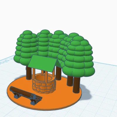 Mô hình giếng nước cổ điển kèm ghế và cây xanh cho in 3D