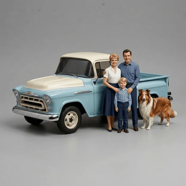 Mô hình 3D gia đình Lassie và xe cổ 1958 Dodge D-200 đầy hoài niệm - Image 2