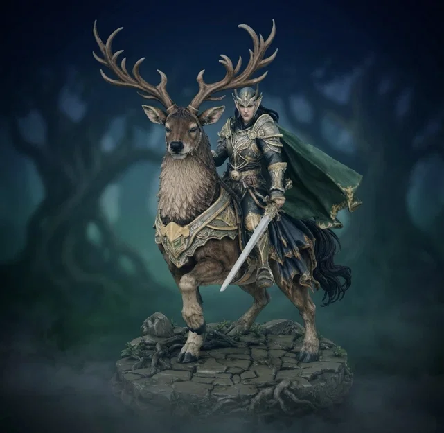 Bloodbound Realms – Elf – Kỵ Sĩ Warden Cưỡi Nai Chiến (STL Dark Fantasy) - Image 1