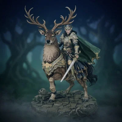 Bloodbound Realms – Elf – Kỵ Sĩ Warden Cưỡi Nai Chiến (STL Dark Fantasy)