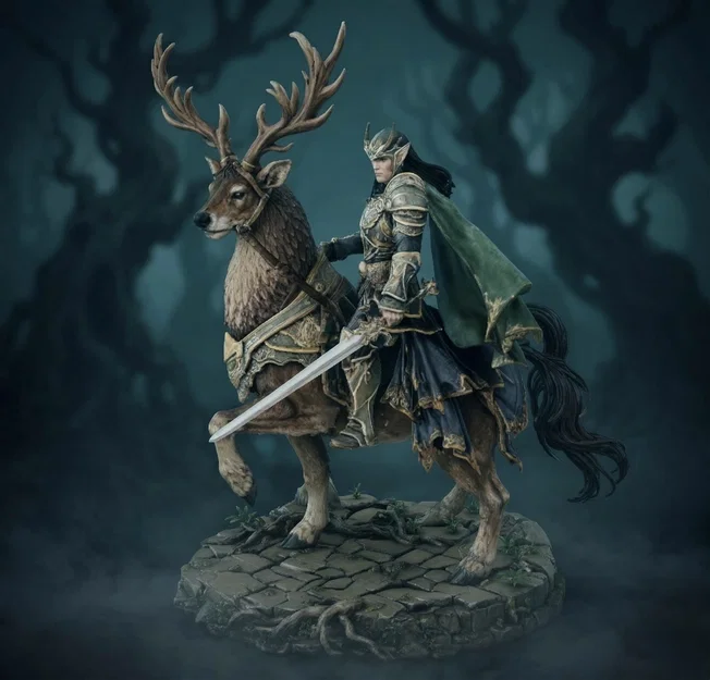 Bloodbound Realms – Elf – Kỵ Sĩ Warden Cưỡi Nai Chiến (STL Dark Fantasy) - Image 2