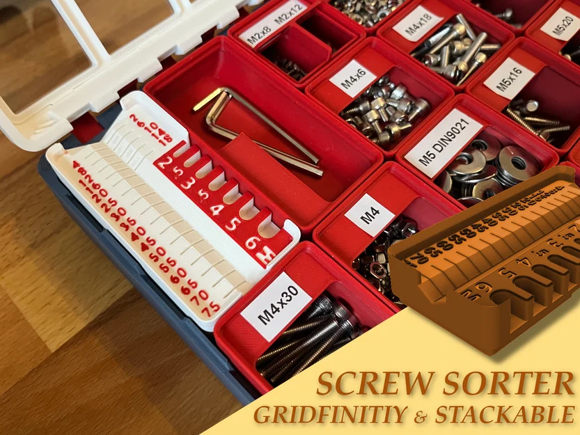 Gridfinity Stackable Mini Metric Screw Sorter – Khay phân loại ốc M2–M6 xếp chồng - Image 1