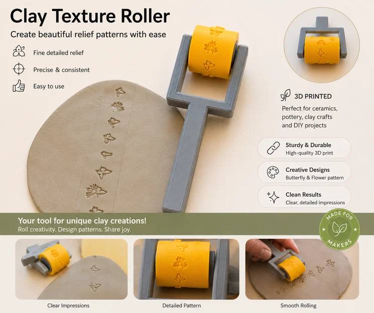 Con lăn tạo vân đất sét họa tiết bươm bướm – Texture thiên nhiên đẹp cho gốm & DIY - Image 1