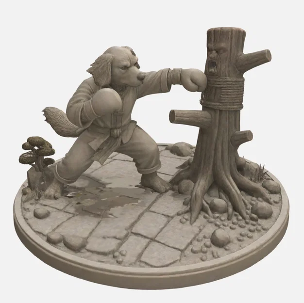 Mô hình chú chó võ sĩ Kungfu tập luyện trên mộc nhân 3D - Image 1