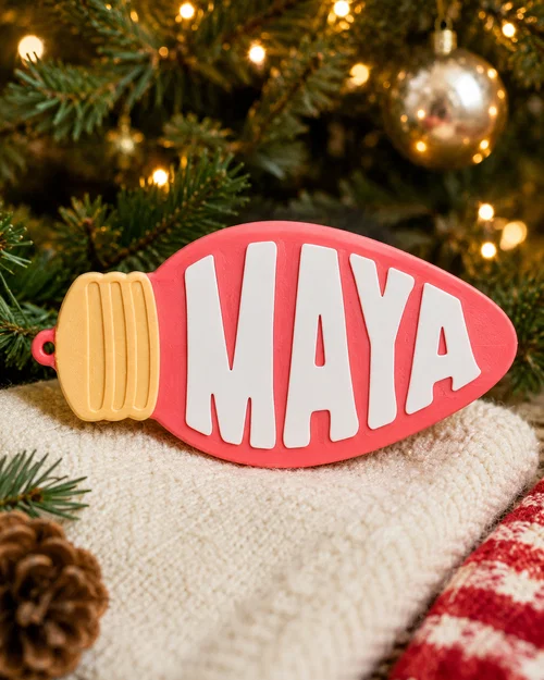 Mẫu thẻ tên hình bóng đèn trang trí cây thông Noel in 3D đẹp mắt - Image 1