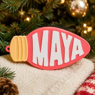 Mẫu thẻ tên hình bóng đèn trang trí cây thông Noel in 3D đẹp mắt