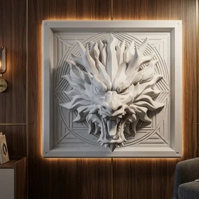 Phù Điêu 3D Đầu Rồng Uy Nghi Trên Tường
