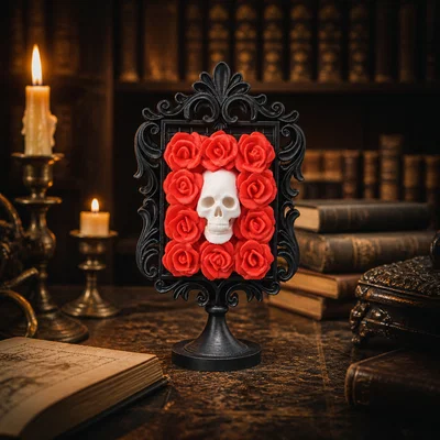 Tác phẩm điêu khắc khung đầu lâu hoa hồng (Rose Skull Frame Sculpture)