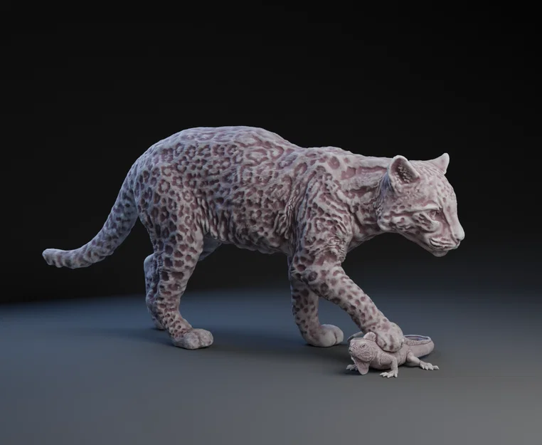 Mô hình 3D Ocelot săn mồi (Ocelot Catching Iguana) sắc nét - Image 1