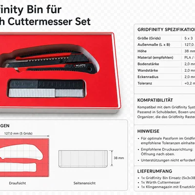 Khay 3D Gridfinity đựng dao rọc giấy Würth và lưỡi dao thay thế