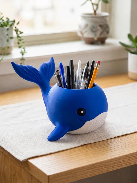 Mẫu in 3D cá voi chibi đa năng: Ống cắm bút và chậu cây xinh xắn - Image 1
