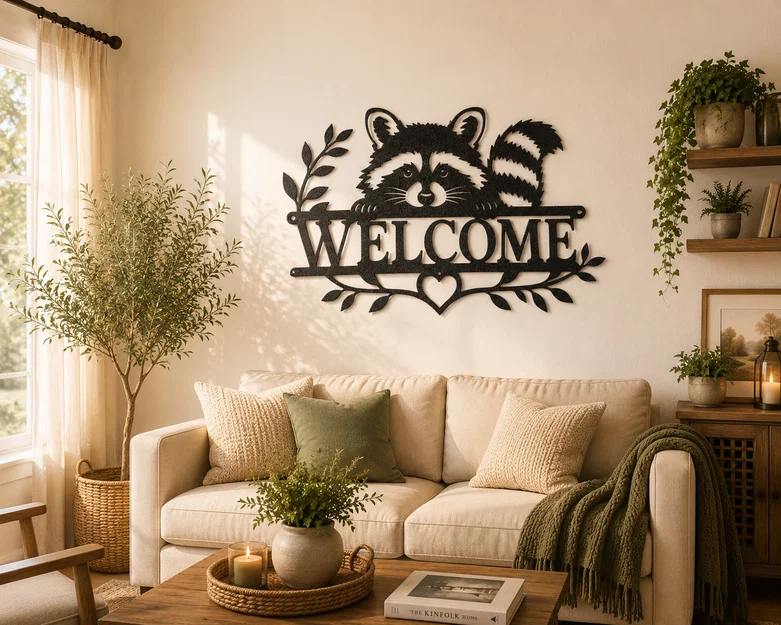 Tranh treo tường 2D Raccoon Welcome Sign - Image 1