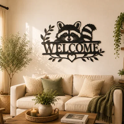 Tranh treo tường 2D Raccoon Welcome Sign